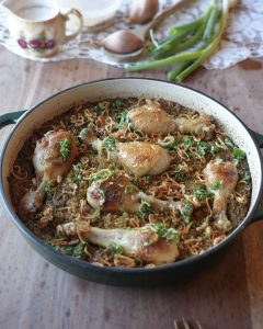 One-pot ginger scallion chicken and rice fresh from the oven