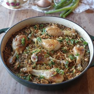 One-pot ginger scallion chicken and rice fresh from the oven