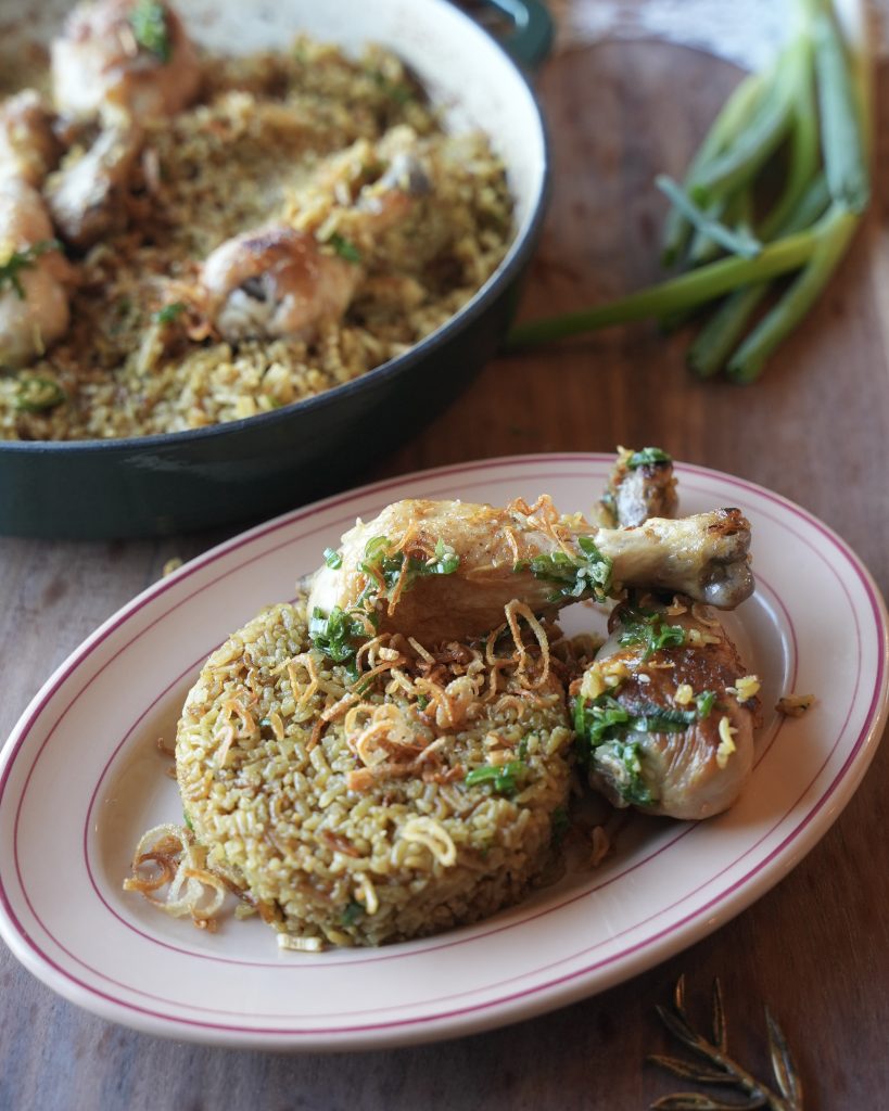 One-Pot Ginger Scallion Chicken and Rice served with crispy drumsticks